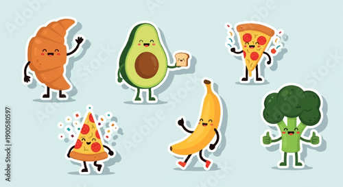 Food characters croissant avocado pizza banana broccoli