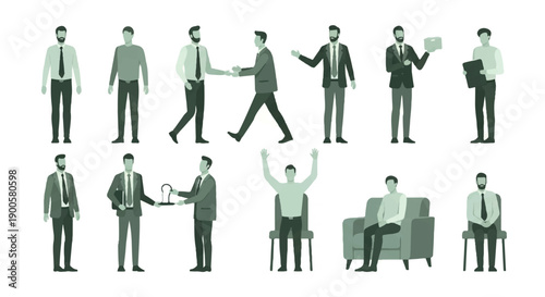 Businessmen in various poses for presentations and meetings