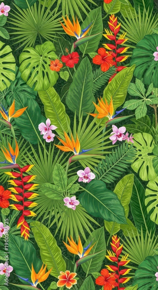 Naklejka premium Lush tropical foliage and vibrant exotic blooms create a dense natural background pattern