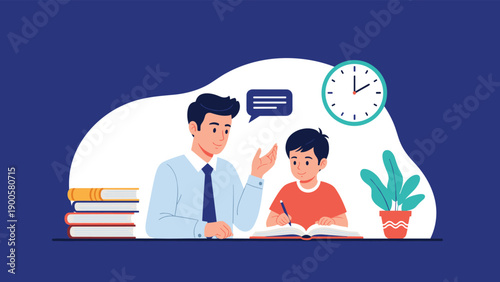 Father in a tie helping his son with homework at a desk, fostering a supportive home learning environment and family bond.