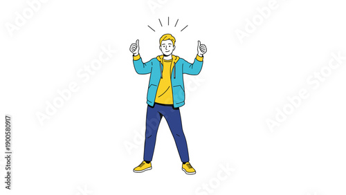 Happy young man giving two enthusiastic thumbs up, expressing approval, success, and positive encouragement.