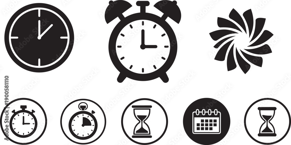 Fototapeta premium Vector clock and time icons set, including alarm clock, stopwatch, calendar, and hourglass, for schedule or planning design, Isolated on transparent background, png