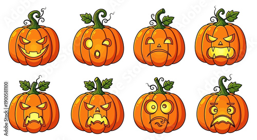 A collection of eight cartoon pumpkins with various expressive faces for Halloween.