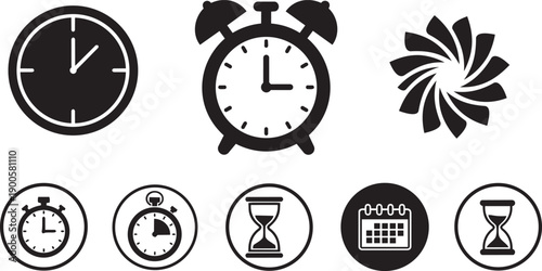 Vector clock and time icons set, including alarm clock, stopwatch, calendar, and hourglass, for schedule or planning design, Isolated on transparent background, png