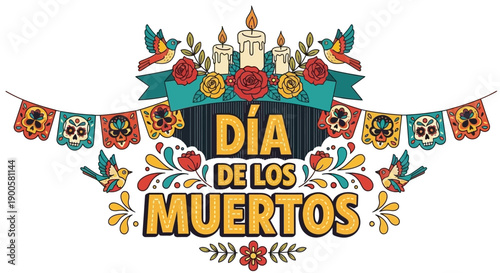 Dia de los Muertos (Day of the Dead) festive banner with candles, flowers, and papel picado decorations.