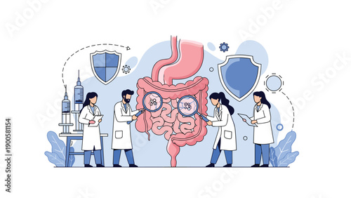 Group of doctors and scientists examining human intestines with magnifying glasses, representing gut health research and medical study.
