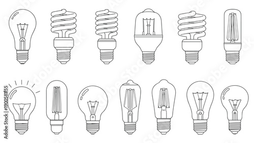 Diverse collection of outline drawings of incandescent, fluorescent, and LED light bulbs, illustrating different lighting technologies.