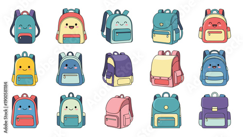 Collection of cute cartoon backpacks with cheerful facial expressions in various colors and styles, appealing to children.