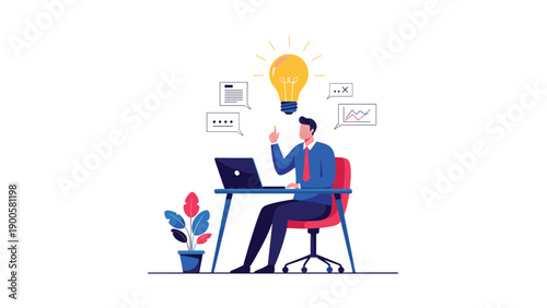 Businessman sitting at a desk with a laptop, pointing upwards at a glowing light bulb, symbolizing a new idea or creative inspiration.