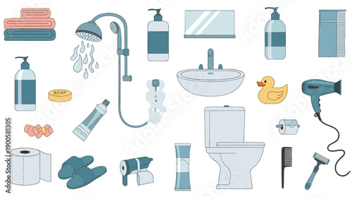 Comprehensive collection of bathroom items in pastel colors, including a shower, toilet, sink, and towels, for hygiene and home design.
