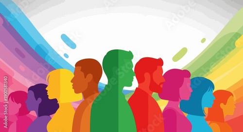 Diverse group of people in silhouette with a colorful rainbow arc behind them, symbolizing unity and inclusion.