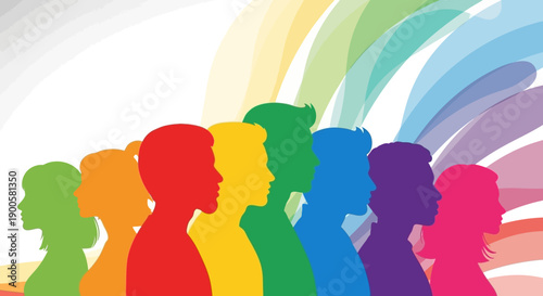 Diverse group of people in silhouette, representing unity and inclusivity with rainbow colors.