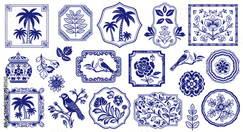 A collection of blue and white decorative elements featuring floral motifs, birds, and palm trees in various shapes and sizes.