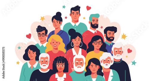 A diverse group of people of various ages, genders, and ethnicities smiling together in a cheerful illustration.