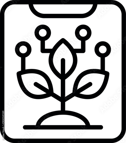 Growing plant with leaves and sensors displayed on smartphone screen representing innovative technologies in agriculture