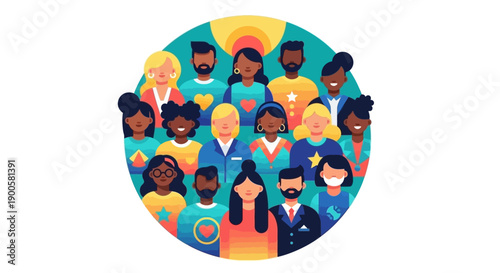 A diverse group of people of various ethnicities and ages are depicted in a circular illustration, representing community and unity.