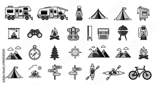 A collection of black and white icons representing various camping and outdoor adventure equipment and activities.