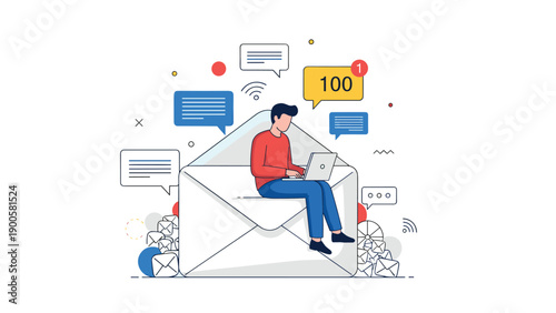 Man sitting comfortably on a giant envelope, working on a laptop, surrounded by numerous email and message notifications, depicting email management.