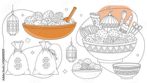 Outline and color drawings of money bags, Islamic lanterns, and Middle Eastern desserts, symbolizing wealth and Ramadan or Eid traditions.