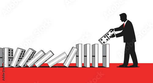 A businessman in a suit places a domino, stopping a chain reaction of falling dominoes.