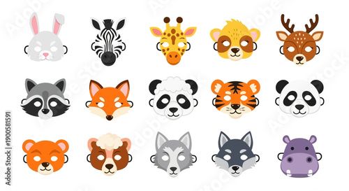 Collection of cartoon animal face masks for children's parties or dress-up, featuring a variety of wild and domestic animals.