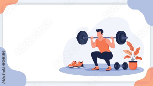 Man performing squats with a barbell, surrounded by fitness equipment, illustrating strength training and a healthy lifestyle.