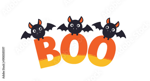 Three cute cartoon bats perched on candy corn letters spelling out "BOO" for Halloween.