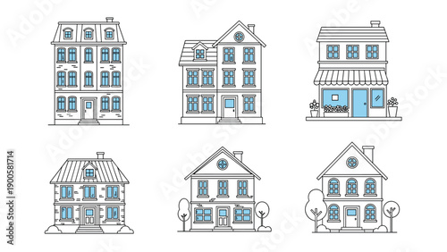 Diverse collection of house and building designs, showcasing various architectural styles for urban and suburban residential properties.