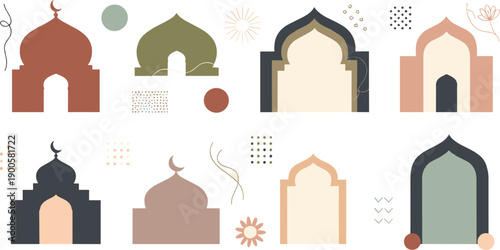 Abstract Islamic arch and mosque window shape set with geometric elements, modern minimal flat vector illustration for Ramadan, Eid, branding and cultural design