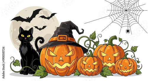 A spooky Halloween scene featuring carved pumpkins, a black cat, bats, and a spiderweb against a full moon.
