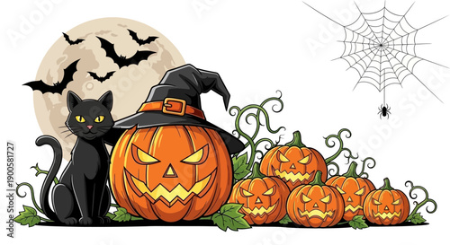 A spooky Halloween scene featuring a black cat, a large jack-o'-lantern wearing a witch hat, smaller pumpkins, bats flying in the full moon, and a spiderweb with a spider.