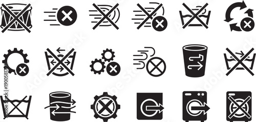 Black vector icons set of 20 warning symbols for do not wash, do not iron, do not bleach, dry clean only, isolated on transparent background, png