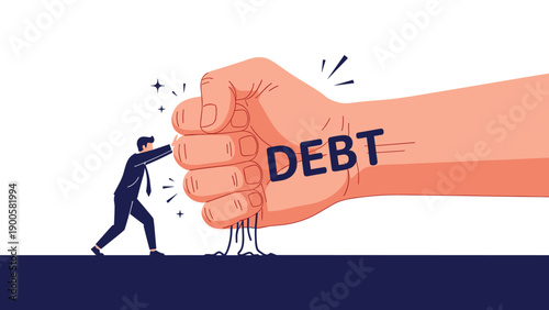 Determined businessman struggles to push back a colossal hand labeled "DEBT," metaphorically representing the fight against financial burden.
