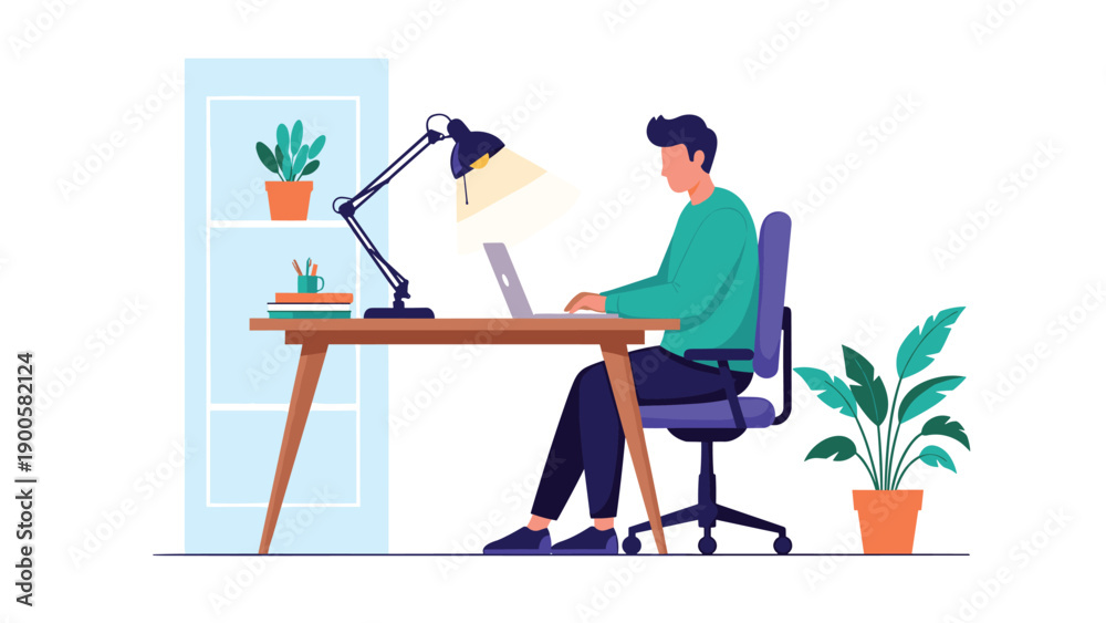Fototapeta premium Man diligently works on a laptop at a well-lit desk, surrounded by plants, creating a productive and comfortable workspace.