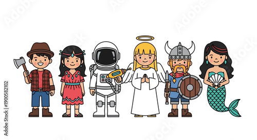 Six diverse cartoon characters including a lumberjack, native girl, astronaut, angel, Viking, and mermaid, standing in a row.