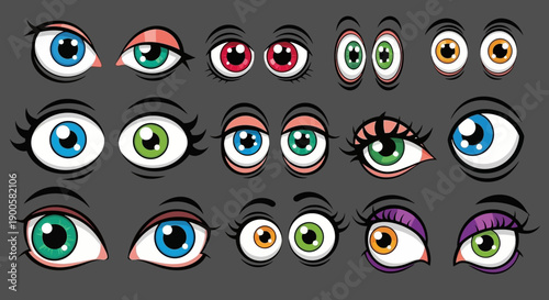 A collection of cartoon eyes in various colors and expressions, featuring different shapes and styles on a dark background.