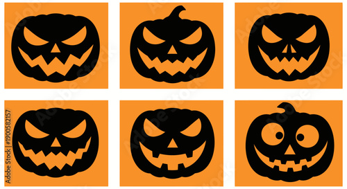 Six black jack-o'-lanterns with carved spooky faces on an orange background, arranged in two rows of three.