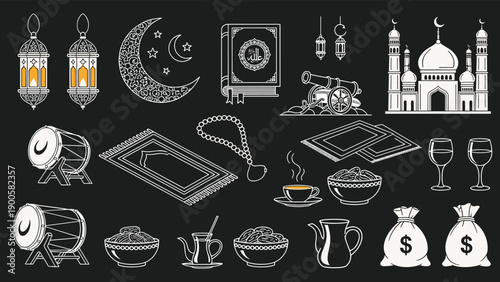 Extensive collection of Ramadan-themed icons, featuring lanterns, crescent moon, Quran, mosque, and traditional elements, in line art style.