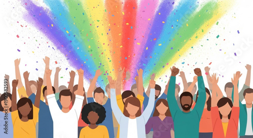 Diverse Group of People Celebrating with Rainbow Explosion and Confetti
