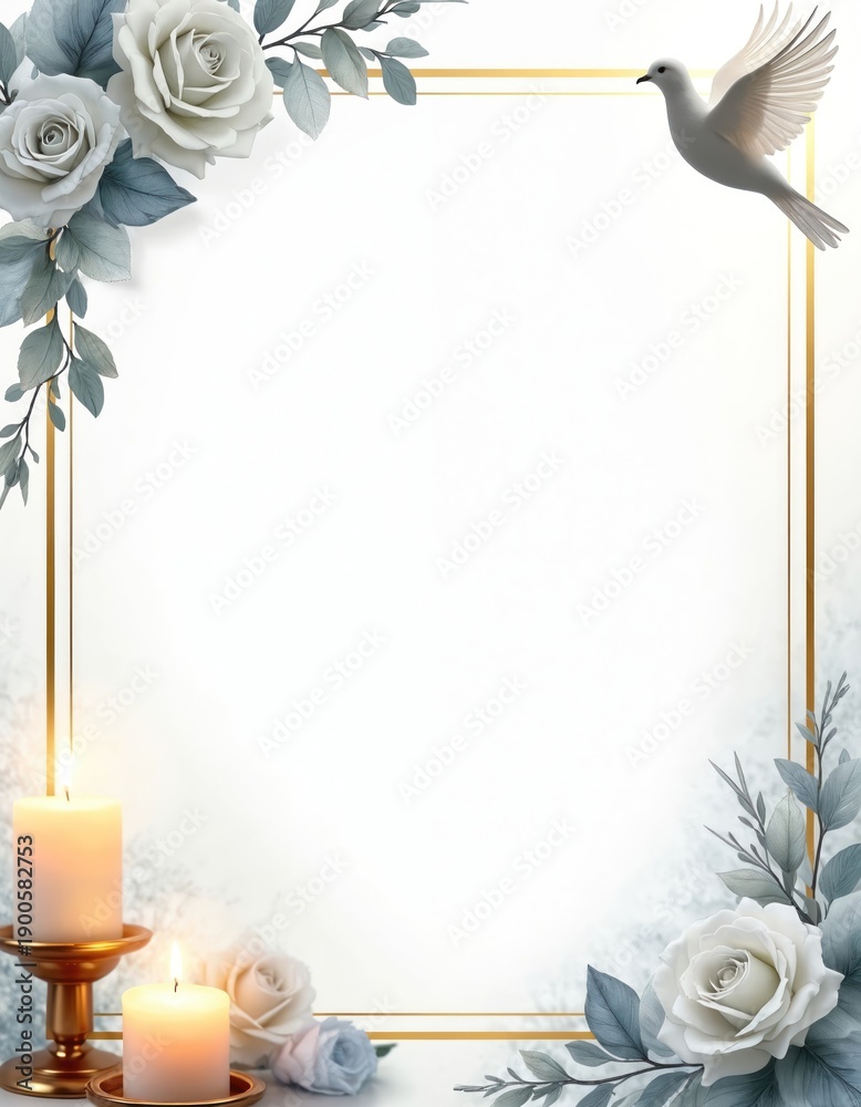 Naklejka premium Elegant funeral frame with white roses, burning candles, flying dove. Soft floral background with gold border for memorial text. Peaceful remembrance design for sympathy cards invitations. Gentle,