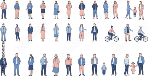 Large collection of diverse people characters wearing casual autumn clothing featuring men women children and families for urban lifestyle architectural scale and community illustration