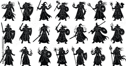 Large collection of fantasy character silhouettes featuring medieval warriors mages and sorcerers with swords shields and magic staves for tabletop gaming and rpg adventure designs