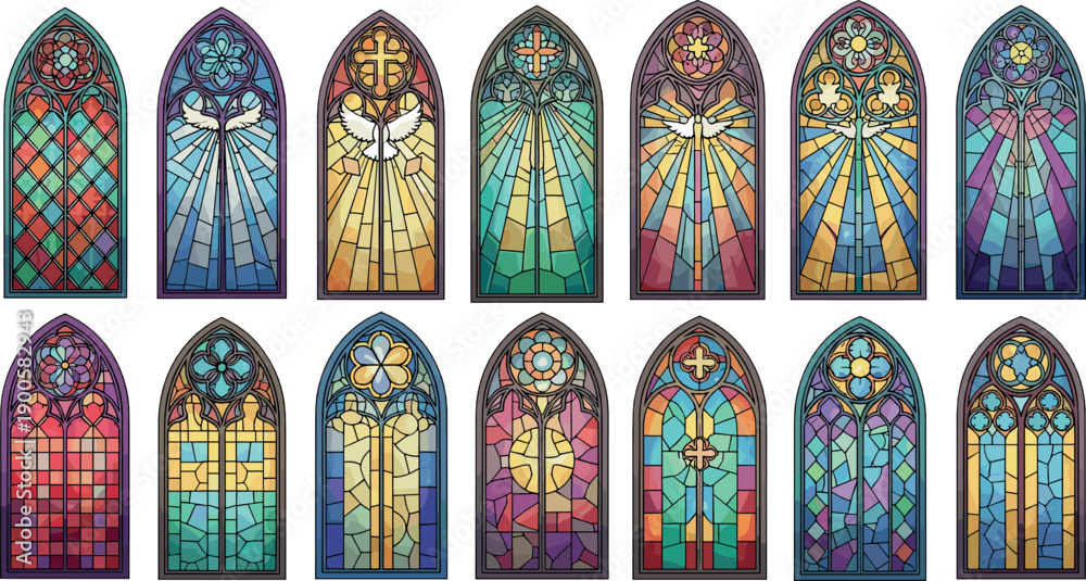 Fototapeta premium Colorful Stained Glass Church Window Illustrations with Saints, Crosses, and Sacred Symbols for Religious, Christian, and Spiritual Designs