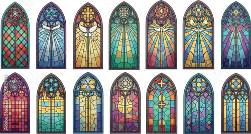 Colorful Stained Glass Church Window Illustrations with Saints, Crosses, and Sacred Symbols for Religious, Christian, and Spiritual Designs