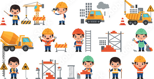 Construction Workers and Building Machinery Illustration Set with Cranes, Trucks, Scaffolding, Tools, and Safety Signs for Industrial Development Designs