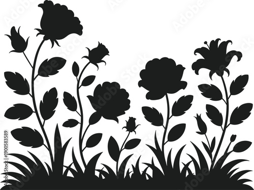 Black silhouette flower bed with various blooming flowers and grass white