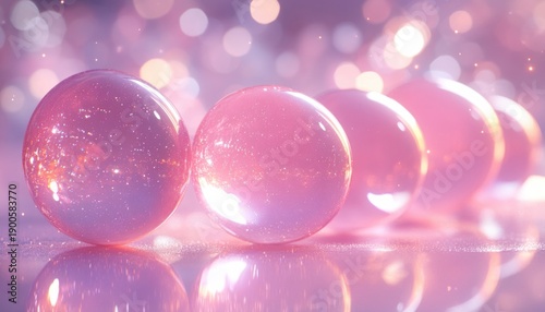 Dreamy pink bokeh spheres on reflective surface, abstract glass marbles background with soft pastel lighting