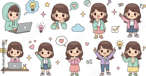 Cute cartoon girl character set with different emotions, poses, gestures and activities, kawaii flat vector illustration for stickers, UI, apps and design