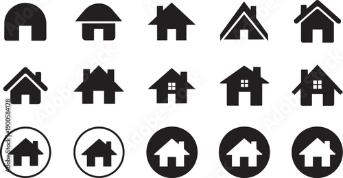 Black house icons and logos, vector illustrations for real estate or architecture, isolated on transparent background, png