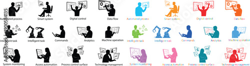 People silhouette collection featuring office work and desk activities, flat vector illustration set of male and female figures using computers and working poses, isolated design for icons and graphic